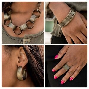 Paparazzi Jewelry Set Chunky Brass Necklace Earrings Bracelet Ring NWT
